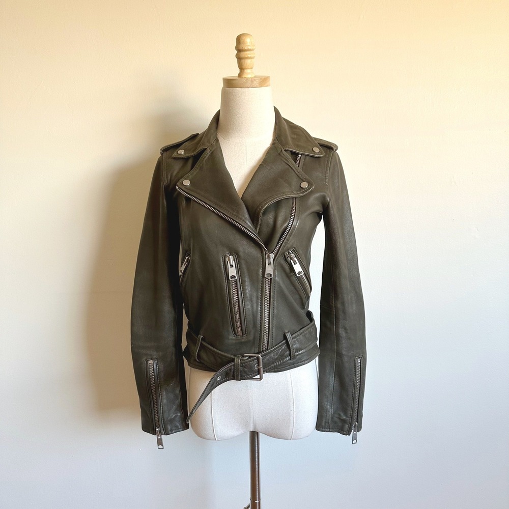 AllSaints Womens Lamb Leather Motorcycle Jacket Size 2 Gray Biker Zipper Belted